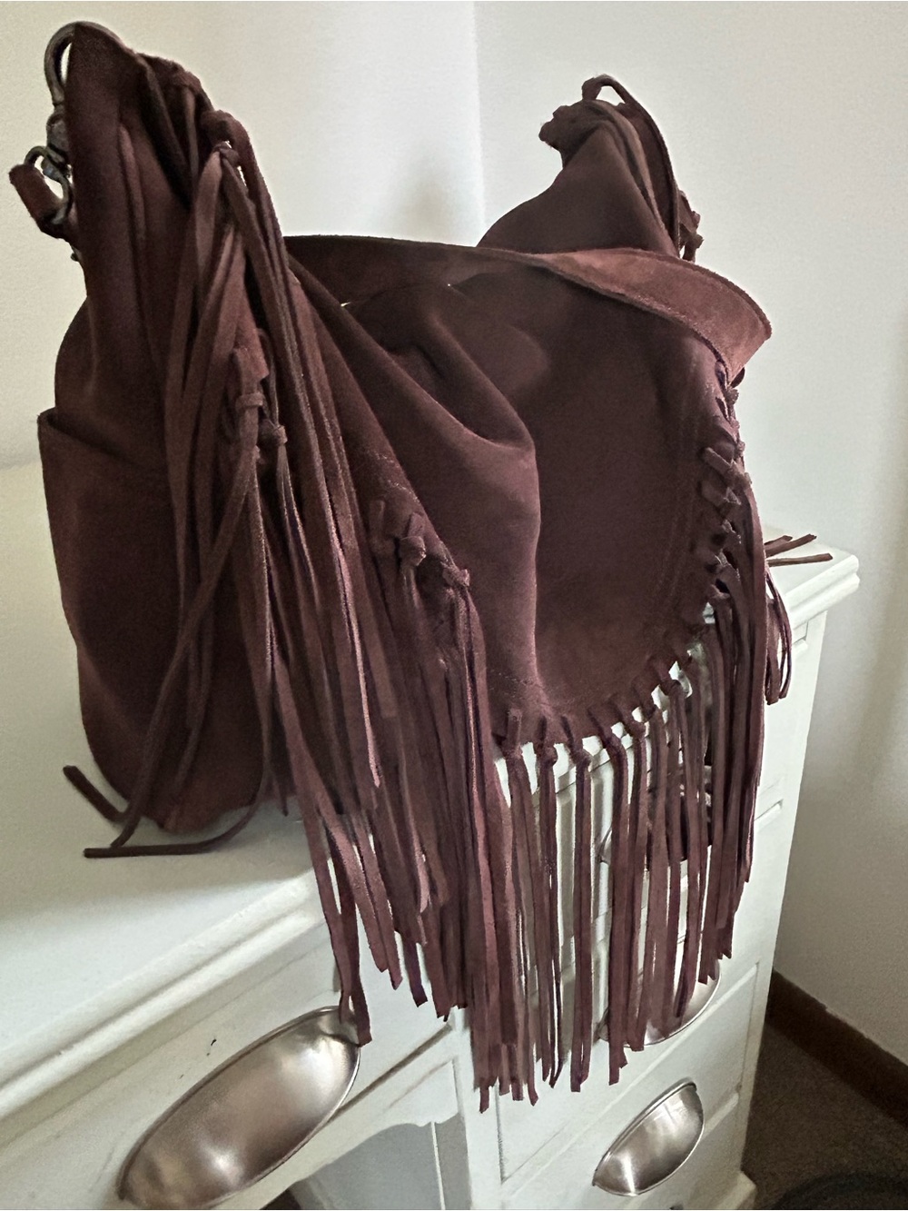 Sorial Dark Brown Suede Fringe Hobo Bag